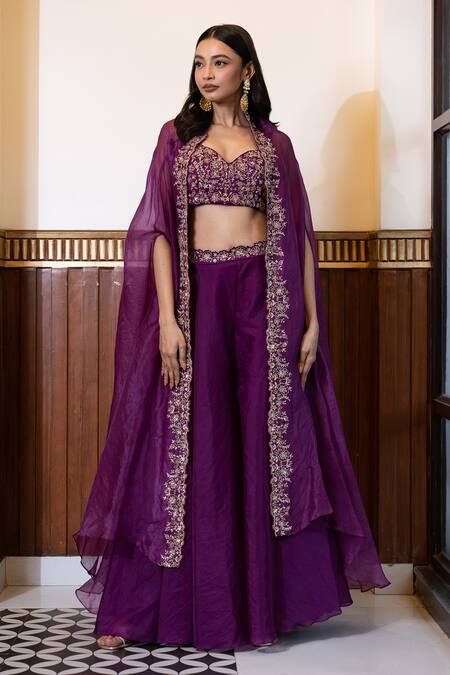 Buy Purple Organza Embroidery Floral Blouse Placement Cape Sharara Set For Women by MEHAK SHARMA Online at Aza Fashions. Sangeet Sharara Outfits, Shurgs Designs Dress, Purple Cape Dress, Sharara With Jacket, Blouse Sweetheart Neck, Cape Sharara, Purple Cape, Function Dresses, Organza Embroidery