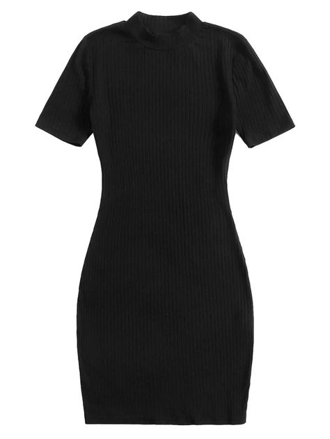 SHEIN Solid Rib-knit Bodycon Dress | SHEIN USA Jeans Dress Outfit, Navy Blue Dress Casual, Black Plain Dress, Ribbed Knit Bodycon Dress, Shein Basics, Body Con Dress Outfit, Tight Dress Outfit, Short Noir, Outfits 70s