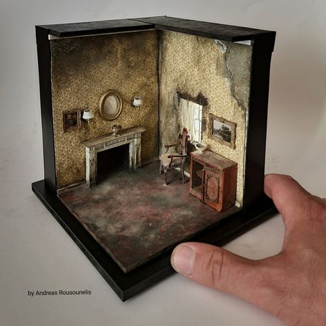 Abandoned living room Miniature Abandoned Room, Living Room Diorama, Abandoned Miniatures, Abandoned Living Room, Room Box Miniatures, Miniature Artist, Bookshelf Art, I Love Art, Furniture Design Sketches