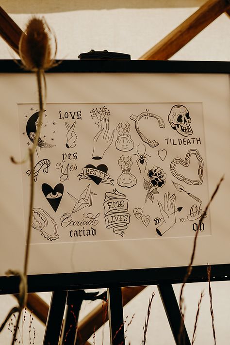 Tattoo Station, Tattoo Flash Sheet, Nike Design, Goth Wedding, Wedding Activities, Moody Wedding, Wedding Tattoos, Gothic Wedding, Evening Wedding