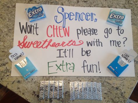 Ask to a dance with gum Ask To A Dance, Sadie Proposals Ideas, Sadie Hawkins Proposals, Girl Ask Guy, Sadies Proposal, Sadies Dance, Prom Invites, Cute Promposals, School Dance Ideas