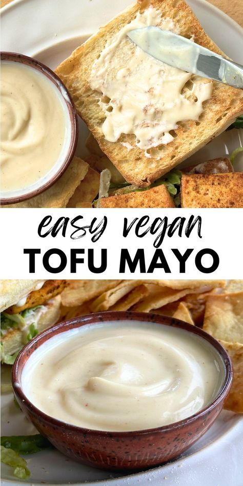 Vegan Tofu Mayo is creamy and tangy, perfect for making chickpea salad sandwiches or homemade ranch salad dressing. This easy mayonnaise recipe is ready in minutes using silken tofu. Plus, it’s a great staple to have on hand to use in all your favorite recipes just as you would storebought mayonnaise. It’s great in soy curl chicken salad, vegan coleslaw, and vegan bang bang sauce. Silken Tofu Dressing Recipes, Tofu Mayonnaise Recipe, 22 Day Revolution Recipes, Tofu Dressing Recipe, Silken Tofu Salad Dressing, Homemade Tofu Recipes, Silken Tofu Sauce Recipes, Homemade Vegan Mayo, Chicken Salad Vegan