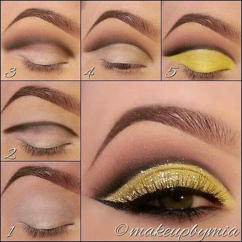 DORADO Y AMARILLO....❤ Gold Cut Crease, Glitter Cut Crease, J Crew Outfits, Prom Makeup Tutorial, Cut Crease Tutorial, Party Make-up, Cut Crease Eye, Crease Brush, Yellow Makeup