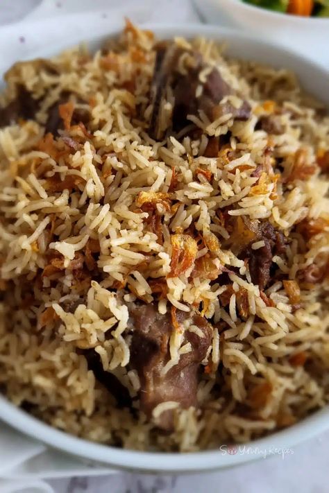 Arab Indonesian spiced rice with lamb - Nasi Kebuli. Indonesian Rice Recipe, Kebuli Rice, Arabian Rice, Indonesian Rice, Lamb And Rice, Best Rice Recipe, Pilau Rice, Lamb Leg Recipes, Spiced Lamb