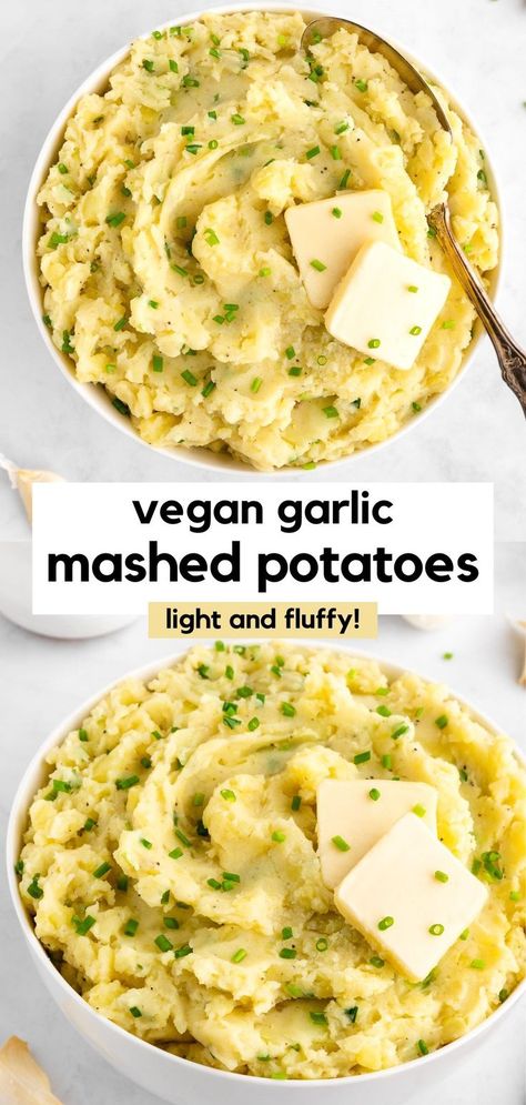 The best vegan garlic mashed potatoes recipe! These dairy-free mashed potatoes are creamy, fluffy, buttery, and so flavorful. The easy recipe is made with Yukon gold potatoes, non-dairy butter, garlic, and chives. It's made with one pot in 30 minutes or less. This vegan holiday side dish is perfect for your plant-based Thanksgiving and Christmas! #mashedpotatoes #potatoes #sidedish #thanksgivingrecipe #christmasrecipe #holidayrecipe #veganrecipes #dairyfreerecipes #sidedishes #holidayrecipes Mashed Potatoes Without Milk, Vegan Garlic Mashed Potatoes, Dairy Free Mashed Potatoes, Vegan Potato Recipes, Garlic Mashed Potatoes Recipe, Vegan Mashed Potatoes, Adventist Church, Mashed Potatoes Recipe, Vegan Thanksgiving Recipes