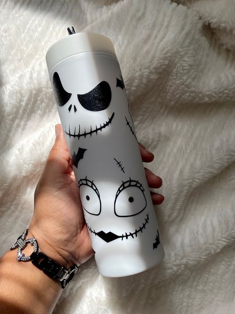 Handmade by me. Skinny 16oz tumbler with textured black permanent vinyl. Nightmare Before Christmas Tumbler, Bettle Juice Tumbler Cup, Tim Burton Tumbler Cup, Beetlejuice Tumbler Cup, Peekaboo Skull Tumbler, Bat Tumbler, Christmas Tumbler, Christmas Tumblers, Permanent Vinyl