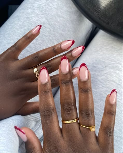 Red French Tip Almond Nails Short, French Red Almond Nails, Red Tip Acrylic Nails Almond, Deep Red French Tip Nails Almond, Red French Tip Nails Almond Christmas, Deep Red Tip Nails, Red Tips Almond Nails, Cherry Tip Nails, Almond Burgundy French Tip Nails