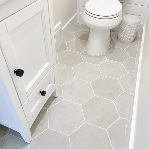 Bathroom Tile Floor Small Space, Hall Bathroom Floor Tile, Hexagon Tile Master Bath, Non Tile Bathroom Flooring, Matte Hexagon Tile Bathroom, Light Grey Hexagon Tile Bathroom Floor, Large Honeycomb Floor Tile, 8 Inch Hexagon Tile Floor Bathroom, Ceramic Floor Bathroom