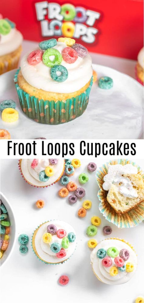 These Froot Loops Cupcakes mean you can have breakfast for dessert! Made with cereal milk, box cake mix, and crunchy Froot Loops these easy homemade cupcakes are a fun way to use Froot Loops breakfast cereal for something other than breakfast. These make a great after school snack for the kids, or just a fun dessert for the family. #ad #KelloggsCerealYourWay @kelloggsus @samsclub #breakfast #cereal #cupcakes #cupcakerecipes #dessert #homemadeinterest Cereal Cupcakes, Birthday Breakfast Party, Cupcake Recipes From Scratch, Kids Treats, Cereal Dessert, Fun Dessert, Easy Cupcake Recipes, After School Snack, Cereal Milk