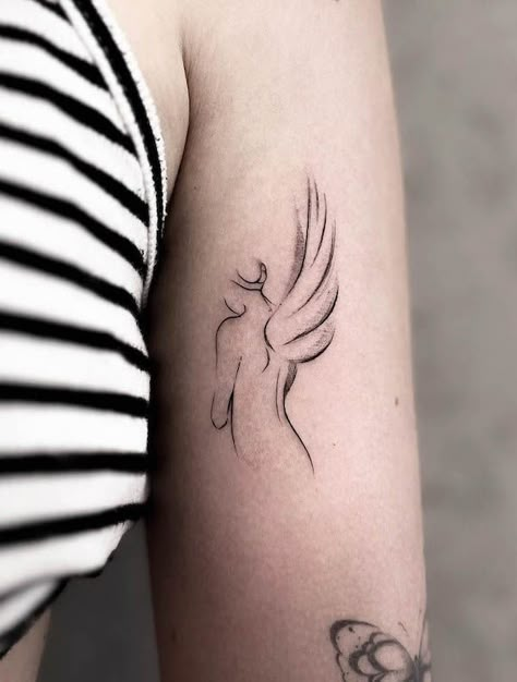 Abstract angel tattoo for women by @na.szkicowana Angle Tattoo Women, Delicate Angel Tattoo, Girl Angel Tattoo, Abstract Angel Tattoo, Angel Tattoo Ideas For Women, Angel Tattoo Designs Women, Woman Angel Tattoo, Angel Line Tattoo, Angel With Wings Tattoo