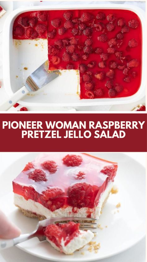 This easy Pioneer Woman Raspberry Pretzel Jello Salad is a perfect blend of creamy, sweet, and salty flavors. With a crunchy pretzel crust and a fresh raspberry topping, it’s a simple and delicious dessert for any occasion. You can easily customize it with different fruits or flavors to suit your taste! Raspberry Salad Jello, Pretzel Raspberry Jello Dessert, Raspberry Cool Whip Dessert, Pretzel Jello Dessert Raspberry, Jello Desserts For A Crowd, Raspberry Pretzel Jello Salad, Jello Salad Recipes With Cool Whip, Recipes With Jello, Raspberry Jello Dessert