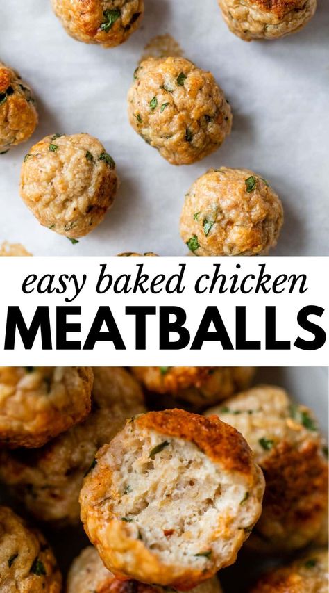 These Baked Chicken Meatballs are made with minimal ingredients and are bursting with irresistible Italian flavor. They’re delicious served on their own or covered in sauce on top of pasta. Chicken Meatballs And Pasta Healthy, Chicken Meatballs Oven Baked, Chicken Cheese Meatballs, Chicken Spinach Meatballs Baked, Simple Chicken Meatballs, Minimal Ingredient Healthy Recipes, Chicken Broccoli Meatballs, Green Chicken Meatballs, Ground Chicken Meatballs Baked