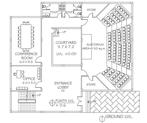 the AutoCAD drawing of 150 square meter auditorium hall plan design that shows court yard, entrance lobby, conference room, admin office, and store room with all measurement detail. Thank you for downloading the AutoCAD file and other CAD program from our website. Library Architecture Plan, Small Auditorium Design, Lobby Plan, Auditorium Plan, Yard Entrance, Theatre Architecture, Floor Plan With Dimensions, Conference Room Design, Library Plan