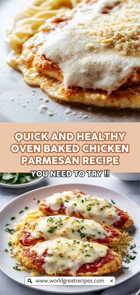 Discover the secret to a mouthwatering Oven Baked Chicken Parmesan that is crispy, cheesy, and healthy! This easy recipe transforms tender chicken breasts into a delicious meal without the mess of frying. With layers of rich marinara sauce and gooey mozzarella, it's perfect for dinner parties or family weeknights. Serve alongside pasta or a fresh salad for a complete dish. Follow our step-by-step guide to achieve that signature golden crust and elevate your home cooking game! Chicken Parmesan Recipe Panko, Oven Recipes For Dinner Easy Chicken, Chicken Parm Oven Baked, No Fry Chicken Parmesan, Oven Baked Chicken Parm, Chicken Parmesan Recipe Oven Baked, Chicken Parm Recipes Easy, Homemade Chicken Parmesan Recipe, Chicken Parmesan Recipe Easy Healthy