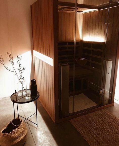 Elegant simplicity! Creating the mood for a relaxing sauna soirée. ⁠This is a Clearlight Sanctuary-2 with Full Spectrum heaters emitting near, mid and far infrared, Chromotherapy lighting, sound system with Nakamichi speakers, sauna skylight, and a 💯% Lifetime Warranty. ⁠🙏🏽 @thenimbusco ⁠🌀For pricing and questions, please write sage@HealwithHeat.com. See our profile for details. ⁠#infrared #infraredsauna Sauna Bathroom Ideas, Clearlight Sauna, Home Infrared Sauna, Sauna Lights, Infrared Sauna Benefits, Home Spa Room, Wellness Room, Indoor Spa, Small Spa