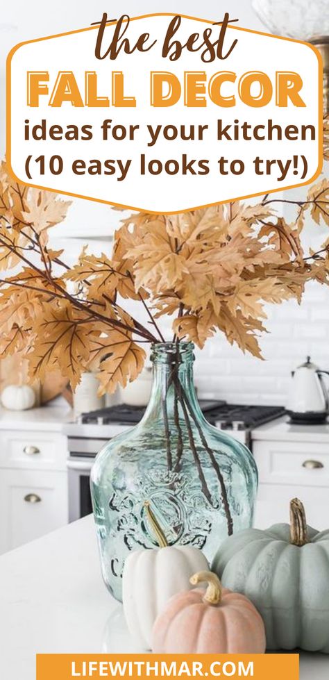 Earth Tone Fall Decor, Kitchen Countertop Fall Decor Ideas, Fall Kitchen Centerpiece Ideas, Fall Island Centerpiece Ideas Kitchen, Fall Counter Decor Ideas, Kitchen Island Fall Centerpiece, Fall Kitchen Centerpiece, Fall Decorations For Kitchen Island, Classy Fall Home Decor