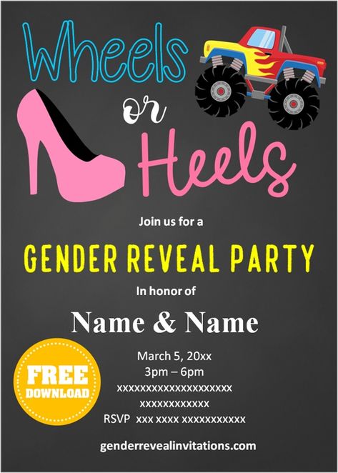 Free Printable Wheels or Heels Gender Reveal Invitations Templates Gender Reveal Invitations Hot Wheels Or High Heels Gender Reveal, Different Gender Reveal Themes, Wheels Or Heels Gender Reveal Decoration, Wheels Or Heels Gender Reveal, Simple Gender Reveal, Gender Reveal Invitations Template, Creative Gender Reveals, Gender Reveal Unique, Gender Reveal Party Games