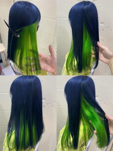 Blue Hair With Green Highlights, Blue And Neon Green Hair, Three Colored Hair, Blue And Green Dyed Hair, Blue And Green Hair Ideas, Green To Blue Hair, Dark Blue And Green Hair, Teal And Green Hair, Blue Hair Peekaboo