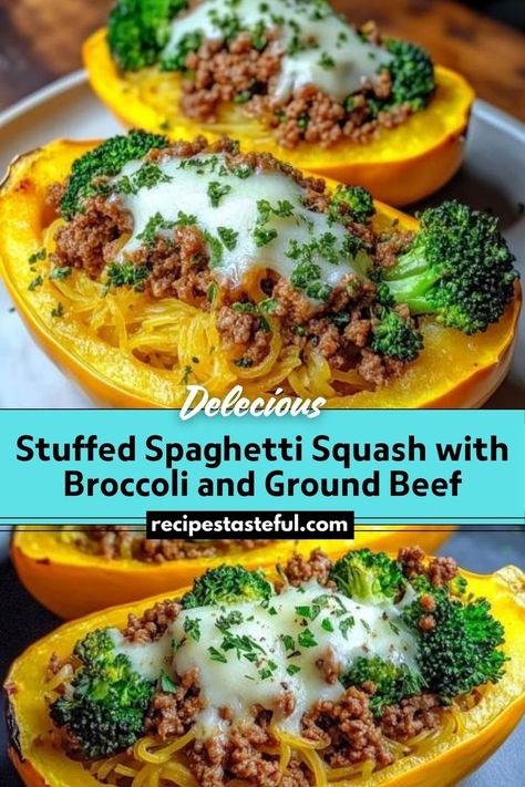 This healthy and delicious meal features a roasted spaghetti squash filled with a savory mixture of ground beef, fresh broccoli, and melted mozzarella cheese, making it a perfect dinner option. Best Spaghetti Squash Recipes, Spaghetti Squash Recipes Healthy, Roasted Spaghetti Squash, Stuffed Spaghetti Squash, Ground Beef And Broccoli, Cooking Spaghetti Squash, Recipes Using Ground Beef, Ground Beef Recipe, Beef And Broccoli