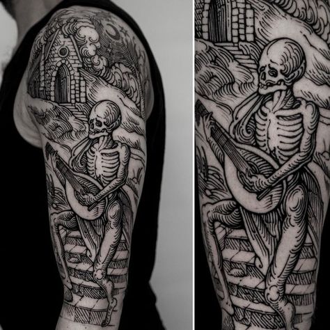 Gustavo Dore Tattoo, Etching Tattoos, Medieval Woodcut Tattoo, Medieval Tarot, Cool Back Tattoos, Etching Tattoo, Woodcut Tattoo, Medieval Tattoo, Linework Tattoo