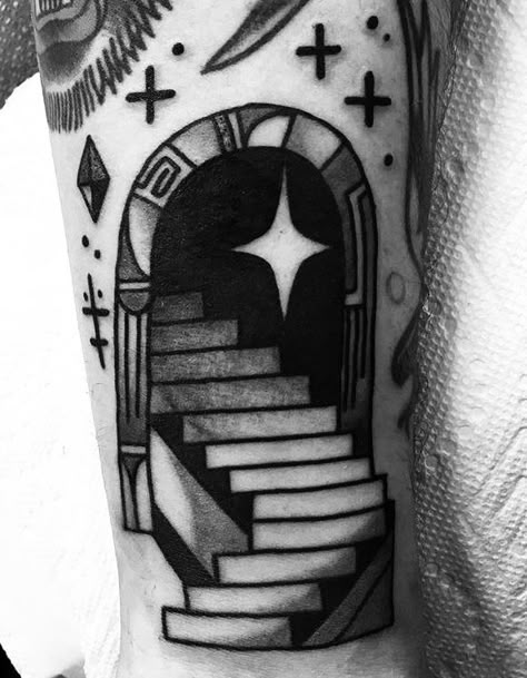 American Traditional Portal Tattoo, Guillotine Tattoo Traditional, Traditional Portal Tattoo, Portal Tattoo Ideas, Traditional Mushroom Tattoo, American Traditional Filler Tattoo, Stairway Tattoo, Staircase Tattoo, Portal Tattoo