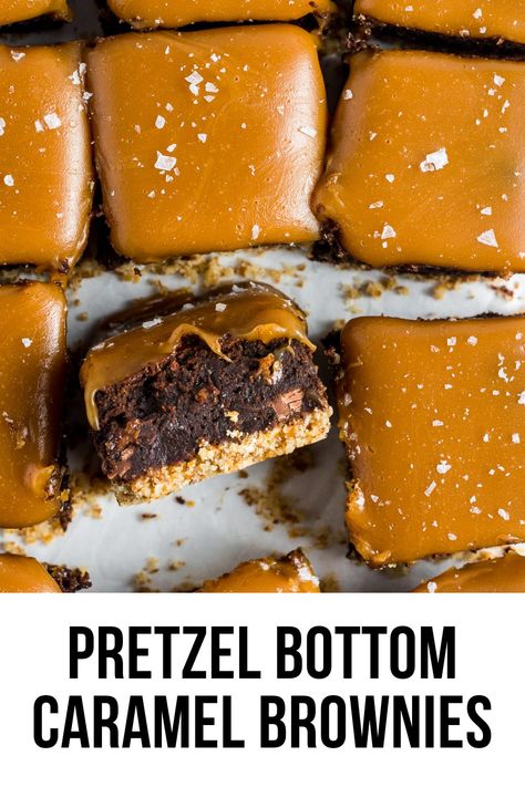 Salted Caramel Pretzel Brownies, Dessert Recipes With Pretzels, Sweet And Salty Cake, Sweet And Salty Recipes, Salted Caramel Brownies From Box Recipe, Easy Amazing Desserts, Chocolate And Caramel Desserts, Pretzel Caramel Chocolate Bark, Fun Brownie Recipes