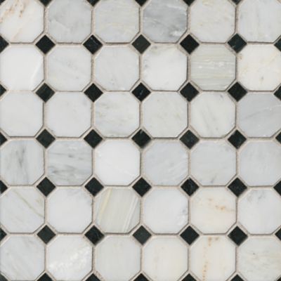 Hampton Evanston Mosaic Wall and Floor Tile - 12 x 12 in. Vintage Bathroom Floor, Black And White Bathroom Floor, Powder Bathroom, White Bathroom Tiles, Timeless Bathroom, New England Home, Penny Tile, Black And White Tiles, The Tile Shop