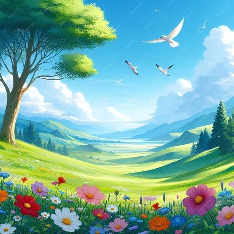 Flower Valley Wallpaper, Valley Of Flowers Painting, Studio Ghibli Countryside, Valley Scenery, Valley Painting Landscapes, Village Scenery, View Landscape, Poster Maker, Business Card Maker