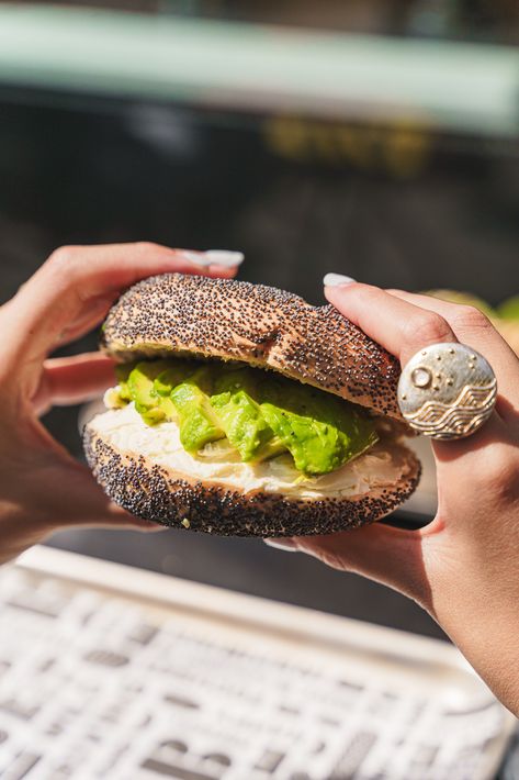 Easy Sunday Brunch, Avocado and Cream Cheese Bagel Avocado And Cream Cheese, Bagel Avocado, Avocado Brunch, Cream Cheese Bagel, Bagel Bakery, Hospitality Photography, Colourful Food, Breakfast Inspiration, Cheese Bagels