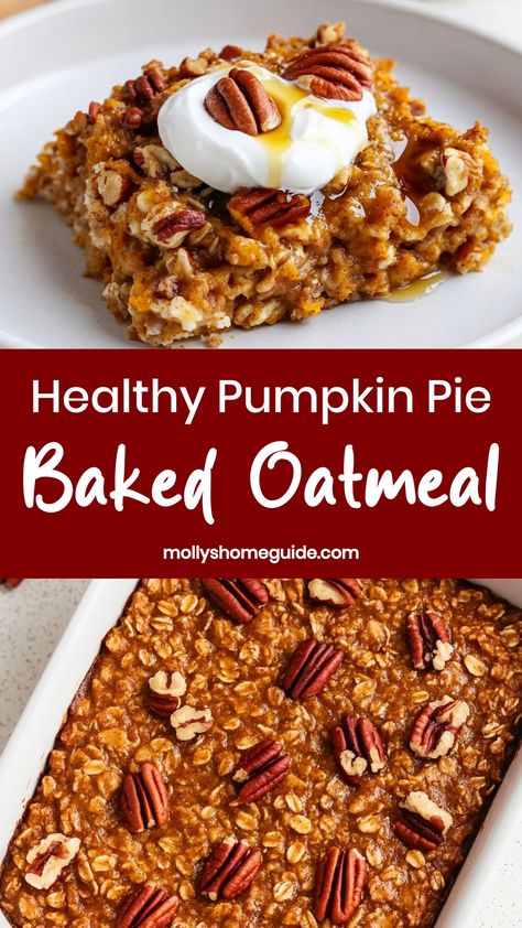 Indulge in a cozy weekend breakfast with this delicious pumpkin pie baked oatmeal recipe. Packed with warm spices and real pumpkin, this dish is perfect for fall mornings. The combination of hearty oats and sweet pumpkin creates a comforting and satisfying dish that will leave you feeling nourished all day long. Whip up a batch of this tasty baked oatmeal to enjoy throughout the week or serve it at your next brunch gathering for a crowd-pleasing treat that everyone will love. Pumpkin Quiche Recipes, Pumpkin Pie Baked Oatmeal, Spiced Pumpkin Pie, Healthy Pumpkin Pie, Baked Oatmeal Recipe, Healthy Pumpkin Pies, 21 Day Fix Meal Plan, No Bake Pumpkin Pie, Easy Pumpkin Pie