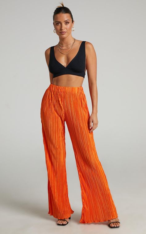 Beca Plisse Flared Pants in Bright Orange | Showpo Bright Pants Outfit, Orange Pants Outfit, Bright Colored Outfits, Orange Pants, Orange Outfit, Flared Pants, Bright Orange, Latest Fashion For Women, Pants Outfit