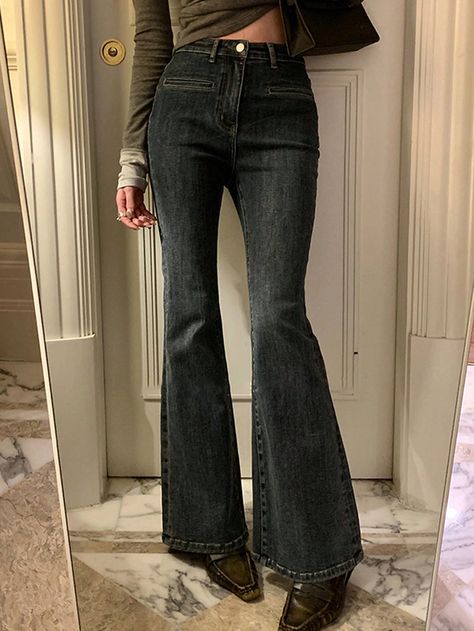 Women's Skinny Bell-Bottom Casual Versatile Jeans Black Casual   Denim Plain Flare Leg High Stretch Winter,Spring/Summer/Fall Women Clothing, size features are:Bust: ,Length: ,Sleeve Length: Fall Bottoms For Women, Flare Jeans Aesthetic, Black Flared Jeans Outfit, Flare Jean Outfit, Flare Jeans Black, Black Flared Jeans, Fall Bottoms, Black Flare Jeans, Bell Jeans