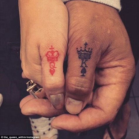 His n her Bonnie And Clyde Tattoo Ideas, Couples Hand Tattoos, Bonnie And Clyde Tattoo, Engagement Tattoos, Couple Name Tattoos, King Queen Tattoo, Him And Her Tattoos, Ring Tattoo Designs, Couple Tattoos Unique