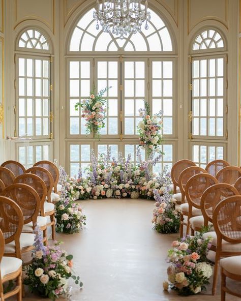 Emilie Hayotte French Wedding Floral Designer on Instagram: "Ceremony of S&J Pink,peach,purple floral design  A beautiful and lovely moment in the luxurious  @chateausaintgeorges   Wedding Planner : @dayloveevent  Venue : @chateausaintgeorges  Photographer : @cesarem.photography  Floral design : @lablondeetlebarbudesign Rentals : @jolibazaar  Officiant : @damouretdencre   #weddingceremony #interiorceremony #2022wedding #chateausaintgeorges #floraldesigners #weddingarch #bridgertonwedding #luxurywedding" Ceremony Backdrop Outdoor, Bridgerton Wedding, Dream Wedding Decorations, Aisle Flowers, Garden Party Wedding, Peach Wedding, Ceremony Flowers, Floral Designer, French Wedding