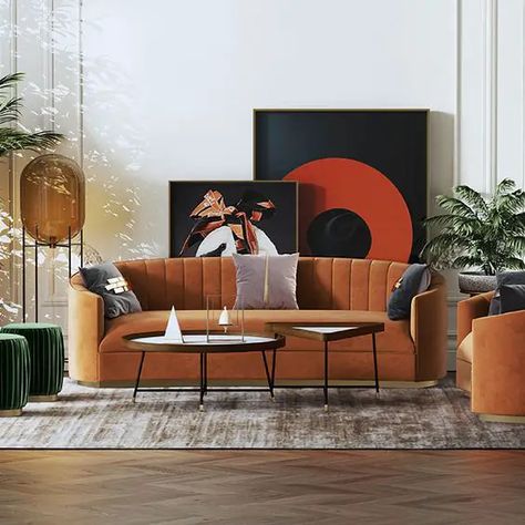 orange living room Orange Couches, Salon Art Deco, Interior Design Per La Casa, Velvet Couch, Modern Couch, Inspire Me Home Decor, Curved Sofa, Design Del Prodotto, Decor Minimalist