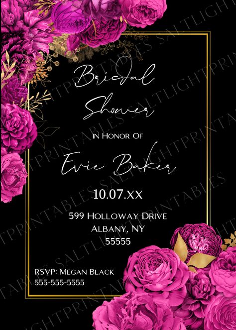 Showcasing a stunning combination of hot pink, black, and gold, this invitation is perfect for your party planning to host an upcoming bridal shower. The hot pink flowers add a touch of elegance and femininity, while the black background and gold accents create a modern and sophisticated look. With this printable template, you have the freedom to customize and personalize the details, making it truly unique to your event. Bridal Shower Flowers, Hot Pink Flowers, Gold Bridal Showers, Black Invitation, Invitation Card Design, Bridal Shower Party, Black White Gold, Bold And Beautiful, Shower Party