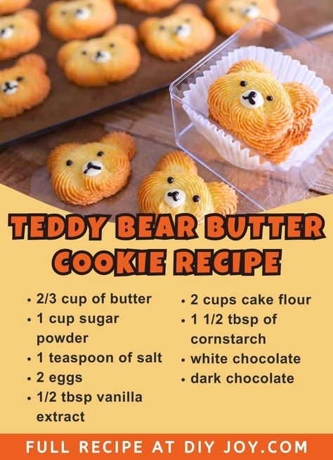 Teddy Bear Desserts, Shaped Cookies Recipe, Diy Butter, Butter Cookie Recipe, Teddy Bear Cookies, Diy Joy, Easy Christmas Cookie Recipes, Melting White Chocolate, Bear Cookies