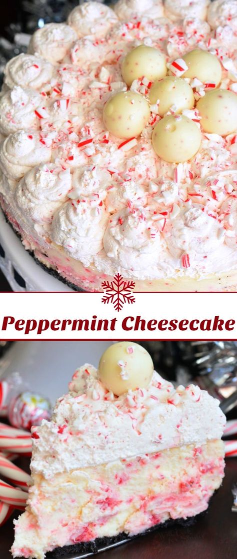 Peppermint Cheesecake. This holiday cheesecake is made with an Oreo cookie crust, filled with smooth peppermint cheesecake, and topped with light and airy peppermint frosting. #cheesecake #dessert #peppermint #frosting Sugar Cookie Cheesecake Recipe, Peppermint Cheesecake Recipes, Candy Cane Cheesecake, Chocolate Peppermint Cheesecake, Holiday Cheesecake Recipes, Peppermint Frosting, Holiday Cheesecake, Peppermint Recipes, Christmas Cheesecake