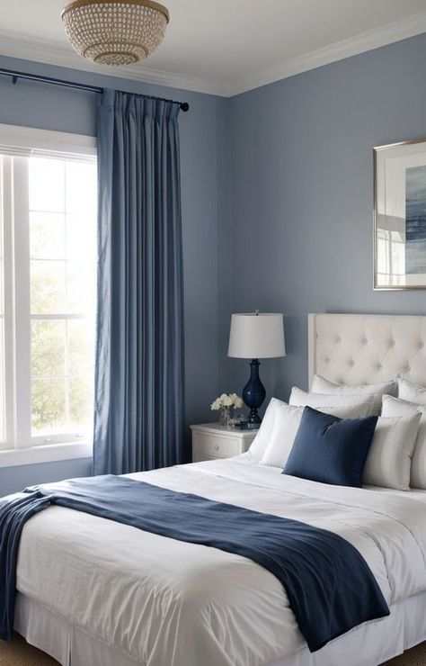 Royal Blue Bedroom Ideas, Blue Gray Bedroom, Beautiful Bedroom Colors, Blue Bedroom Walls, Bedroom Wall Colors, Bedroom Color Schemes, Summer Decorating Ideas, Elegant Bedroom, Blue Rooms