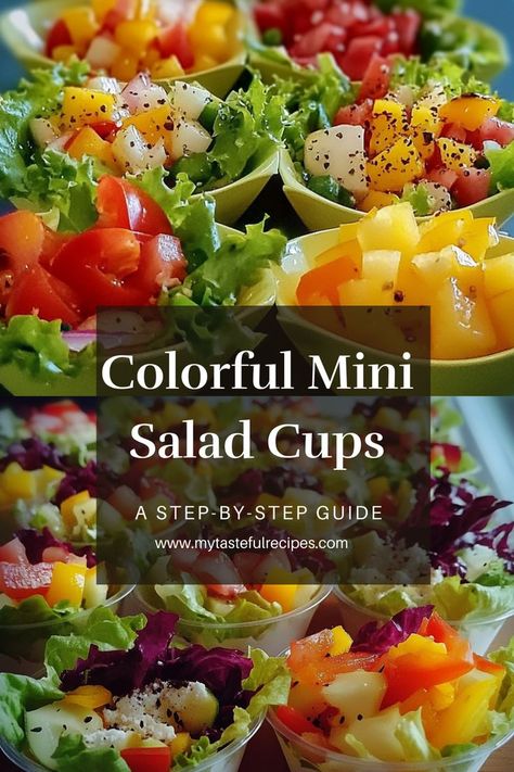 These Colorful Mini Salad Cups are the perfect way to serve up healthy, vibrant salads in style! Full of fresh veggies, these individual cups make for a delightful, portable snack or appetizer for your next gathering. Small Salad Ideas, Mini Pasta Salad Cups, Individual Caprese Salad Cups, Salad Cups Appetizers, Individual Fruit Cups Ideas, Mini Salad Cups, Salads In A Cup, Salad In A Cup For Party, Veggie Cups For Party