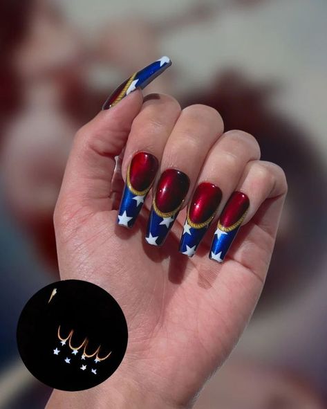 50 Trending Winter Nails to Inspire You | Winter Nails | Winter Nails 2023 Trends 4 Th Of July Nails Art Designs, Super Hero Nails Designs, 4th Of July Nails Stiletto, Wonder Woman Nail Art, 4rh Of July Nail Designs, Black 4th Of July Nails, Labor Day Nail Designs, Red And Blue Nails Design, Super Hero Nails