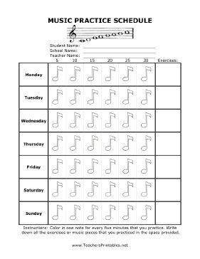 The days of the week are listed in rows in this free, printable music practice schedule. Music notes represent 5 minutes of practice and can be checked off up to 30 minutes a day. Names of musical pieces and exercises can be listed in a provided space. The form is decorated with a music staff and a scale. Free to download and print Music Staff Printable, Piano Practice Chart Printables Free, Instrument Practice Chart, Piano Practice Schedule, Blank Music Staff Free Printable, Music Scores Free Printable, Music Practice Chart, Violin Practice Chart, Piano Practice Chart