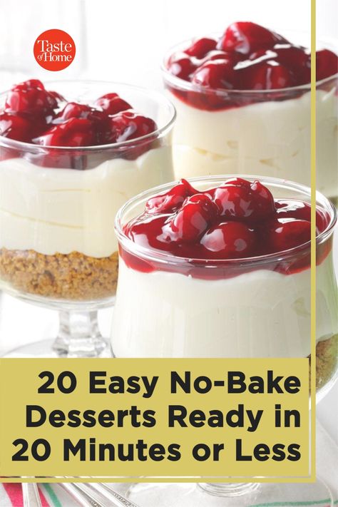 We all need a few recipes for quick, no-bake desserts in our recipe boxes. And by quick we mean from the bowl to the table in 20 minutes or less—no set-up time, no extended chills in the fridge. These treats are ready to eat fast! Snacks Around The House, Really Fast Desserts, Pretzel No Bake Dessert, 20 Minute Dessert Recipes, No Nut Dessert Recipes, Easy And Quick Desserts No Bake, Easy Desserts To Make In Bulk, Quick And Easy Cold Desserts, Sweet Desserts Easy No Bake