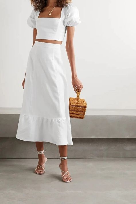 Matching Top And Skirt, Stone And Strand, Midi Skirt Set, White Midi Skirt, Midi Skirt Outfit, Linen Fashion, Skirt And Top Set, Minimal Outfit, Linen Skirt