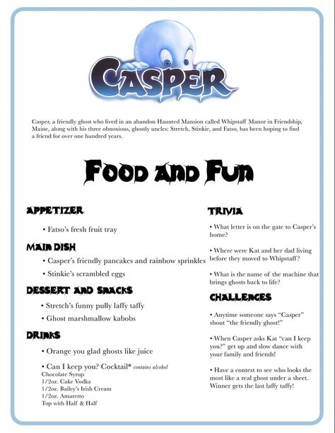 Fall Movie Night Meals, Halloween Family Movie Night Dinner, Casper Themed Dinner, Casper Themed Snacks, Halloween Themed Dinner And A Movie, Halloween Movie Food And Fun, Disney Halloween Dinner And Movie, Fall Movie Night Dinner, Casper Food Ideas