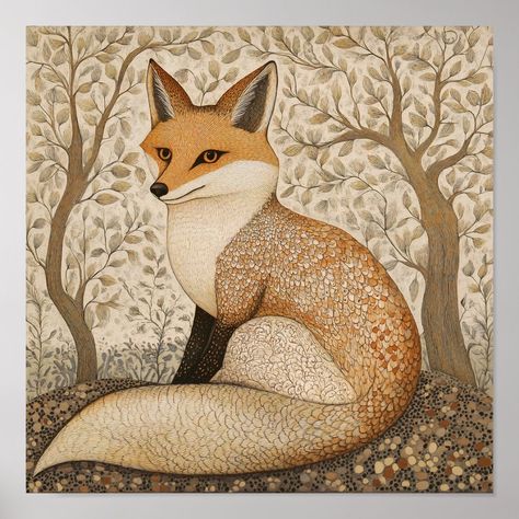 Fox Painting Art Print Woodland Wall Art Fox At Night Painting, Fox Folk Art, Woodland Creatures Art, Folk Art Animals, Red Fox Art, Squirrel Painting, Needle Felted Fox, Fox Artwork, Woodland Wall Art