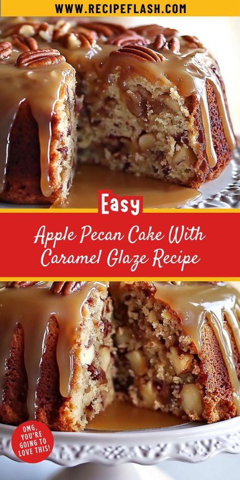 Enjoy a heavenly dessert with this Apple Pecan Cake with Caramel Glaze! Bursting with flavor from juicy apples and crunchy pecans, this scrumptious cake is drizzled with a sweet caramel glaze. Perfect for any gathering, this recipe will leave everyone wanting more. Bake and share the joy of dessert! Apple Pecan Bundt Cake Recipes, Carmel Glazed Spice Cake, Apple Walnut Cake With Caramel Glaze, Apple Pecan Cake With Caramel Glaze, Apple Coffee Cake Recipes, Apple Pecan Cake, Caramel Glaze Recipe, Caramel Apple Upside Down Cake, Best Apple Cake