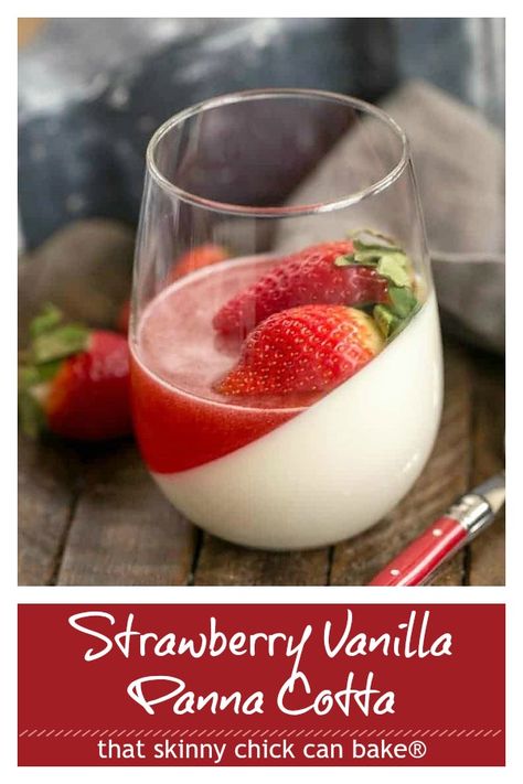 Strawberry Vanilla Panna Cotta - An elegant jellied dessert made with fresh berries and a fresh vanilla bean #pannacotta #Italian #dessert #strawberries #vanilla #ValentinesDay #thatskinnychickcanbake Strawberry Gel, Strawberry Panna Cotta, Vanilla Panna Cotta, Chicke Recipes, Panna Cotta Recipe, Elegant Restaurants, Italian Dessert, Brownie Desserts, Summer Smoothies