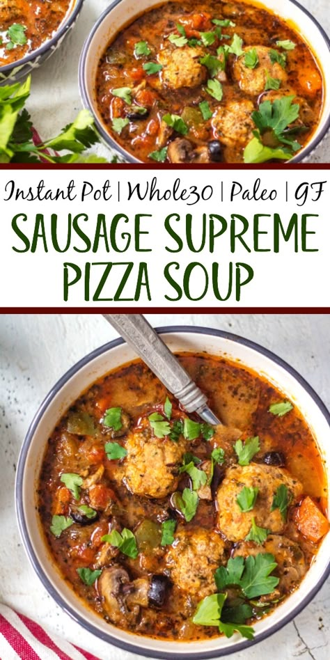 This Whole30 instant pot sausage pizza soup is so quick to make. Just roll the meatballs, add the vegetables and set the timer to 6 minutes! Perfect for meal prep or an easy weeknight dinner recipe that's healthy, paleo, gluten free and can be made keto! No fancy prep work here, just a few steps and this flavorful pizza soup is done! #whole30instantpot #whole30soup #whole30instantpotsoup #ketoinstantpot #paleoinstantpot Whole 30 Soup, Whole30 Instant Pot, Paleo Soups, Pizza Soup, Sausage Pizza, Supreme Pizza, Paleo Soup, Weeknight Dinner Recipes Easy, Photo Food