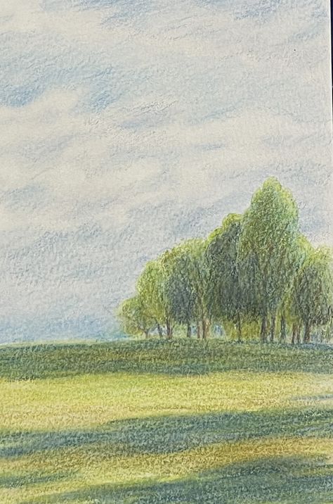 Coloring Sky With Colored Pencils, Color Pencil Nature Drawing, Nature Color Pencil Drawing, Landscape With Colored Pencils, Impressionist Drawings Pencil, Colored Pencil Easy Drawing, Landscape Drawing Colored Pencil, Drawing Inspo Landscape, Colored Pencil Scenery